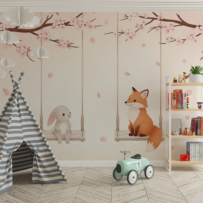 Papier de parede pre detskú izbu | Zajačik a líška na hojdačkách pod kvitnúcimi čerešňami
