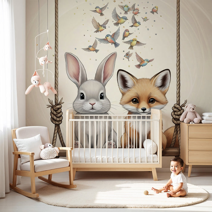 Papel pintado infantil | Conejo y zorro en un columpio