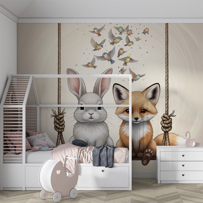 Papel pintado infantil | Conejo y zorro en un columpio