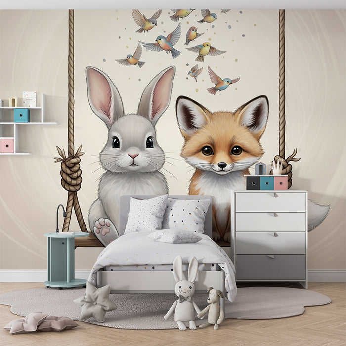 Papel pintado infantil | Conejo y zorro en un columpio