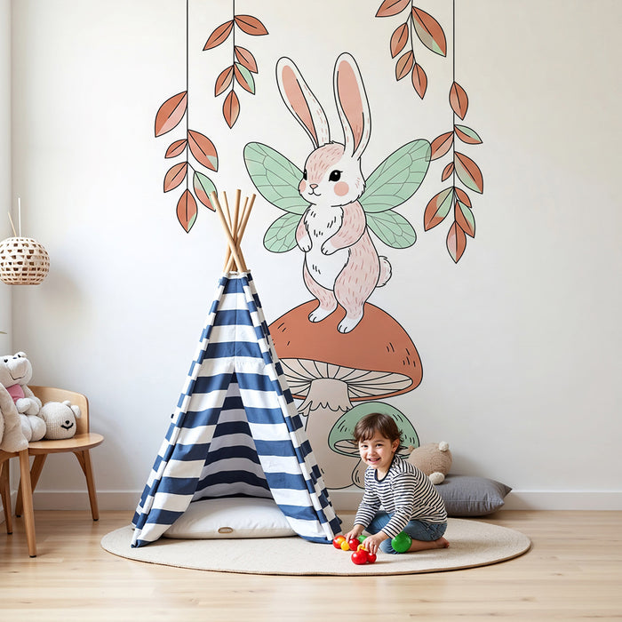 Børneværelse tapet | Fejende kanin på en svamp med delikate blade