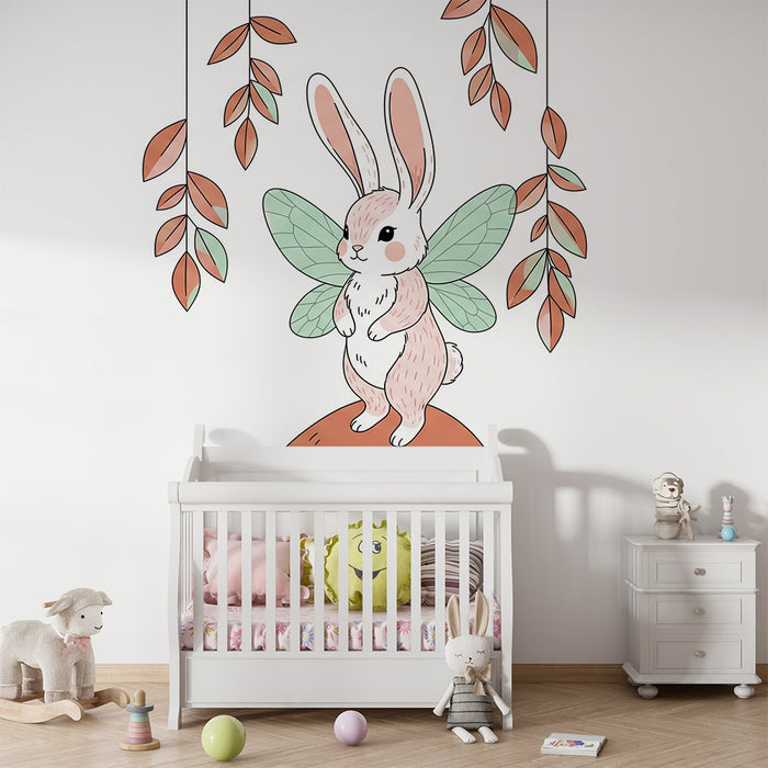 Børneværelse tapet | Fejende kanin på en svamp med delikate blade