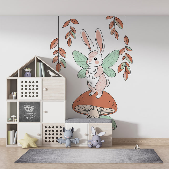 Børneværelse tapet | Fejende kanin på en svamp med delikate blade