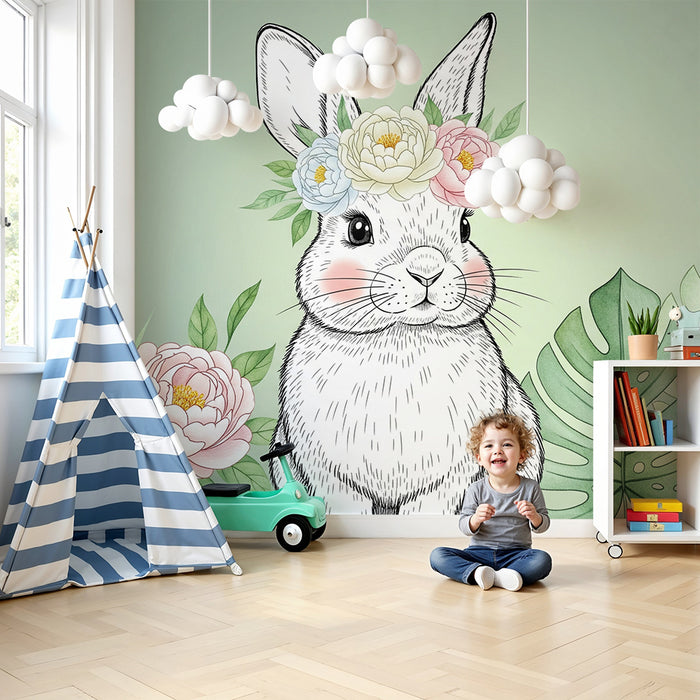 Papier de parede izba pre bábätko | Kvetinový králik a tropické listy