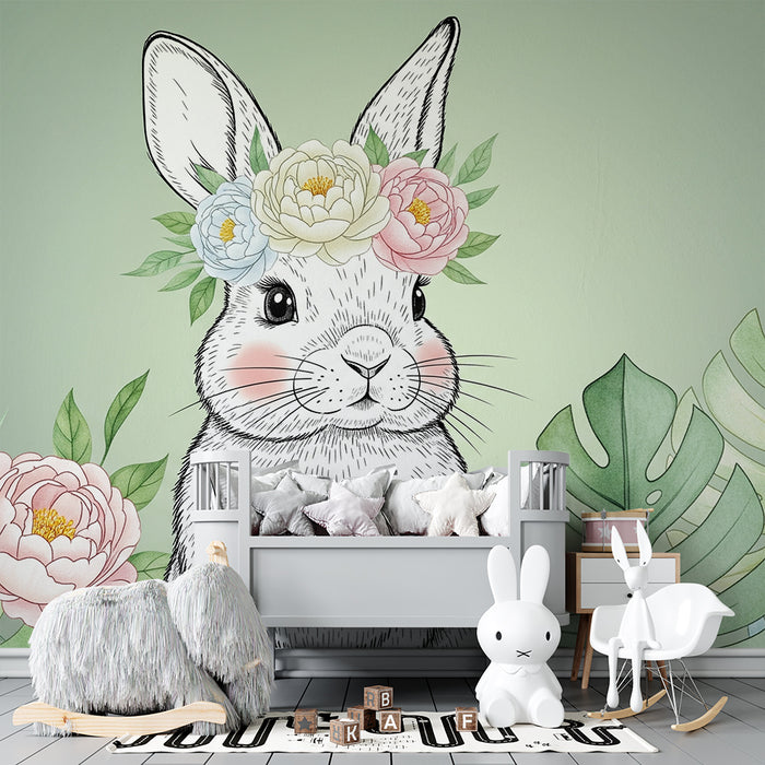 Papier de parede izba pre bábätko | Kvetinový králik a tropické listy