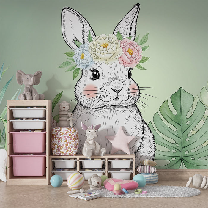 Papier de parede izba pre bábätko | Kvetinový králik a tropické listy