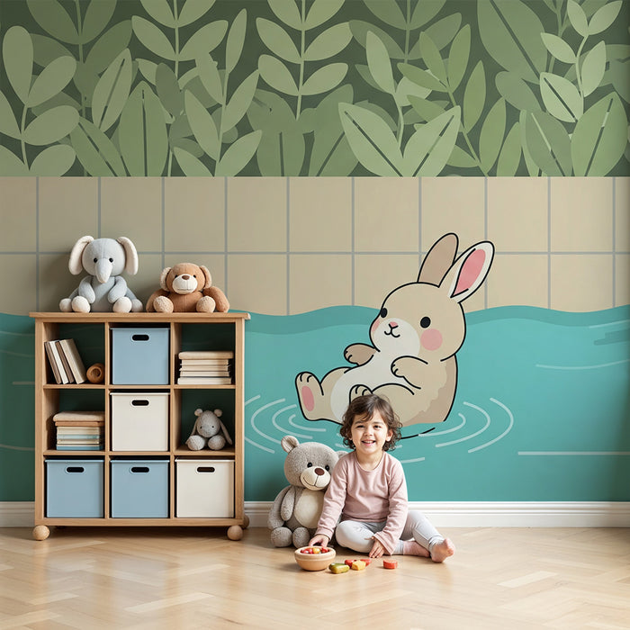 Papier peint chambre bébé | Lapin flottant dans une piscine