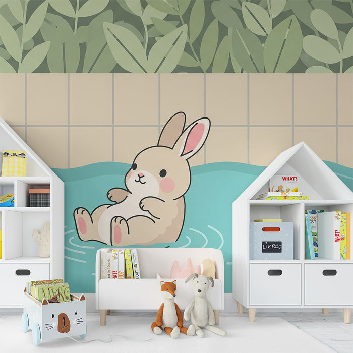 Papier peint chambre bébé | Lapin flottant dans une piscine