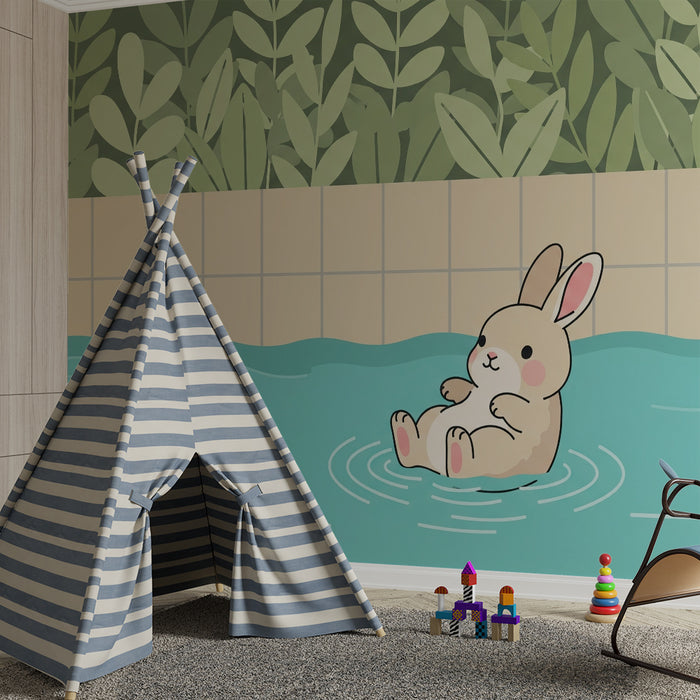 Papier peint chambre bébé | Lapin flottant dans une piscine