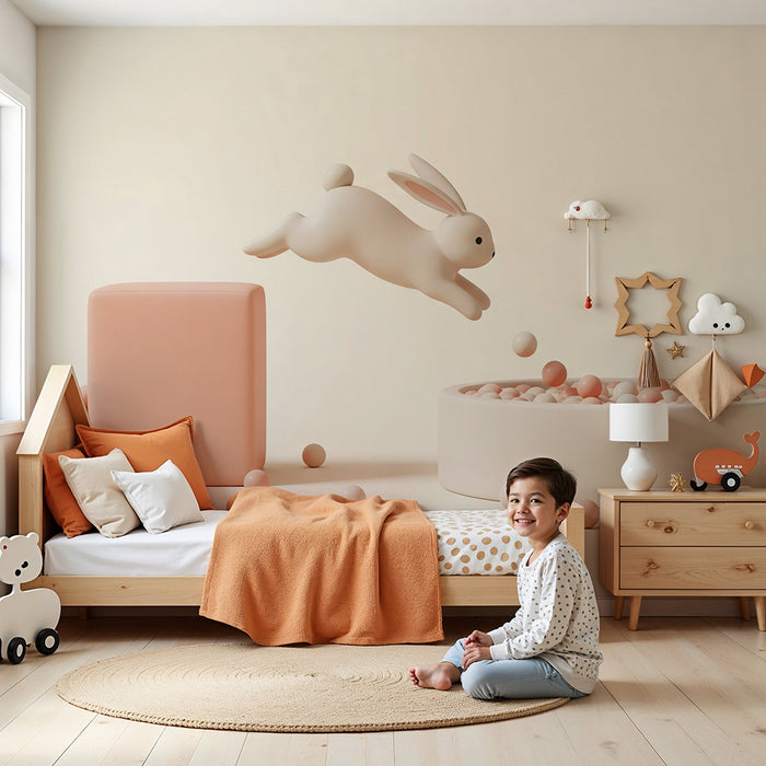 Barntapet | Spelande kanin och färgglada block i en mjuk värld