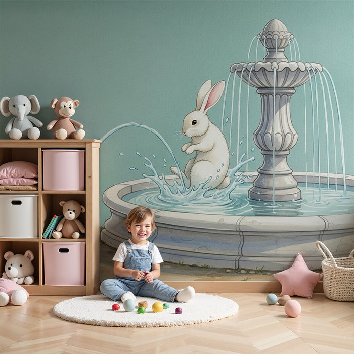 Papier peint chambre bébé | Lapin joyeux à la fontaine