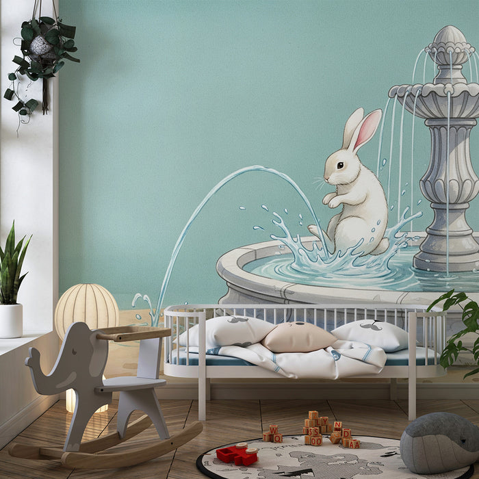 Papier peint chambre bébé | Lapin joyeux à la fontaine