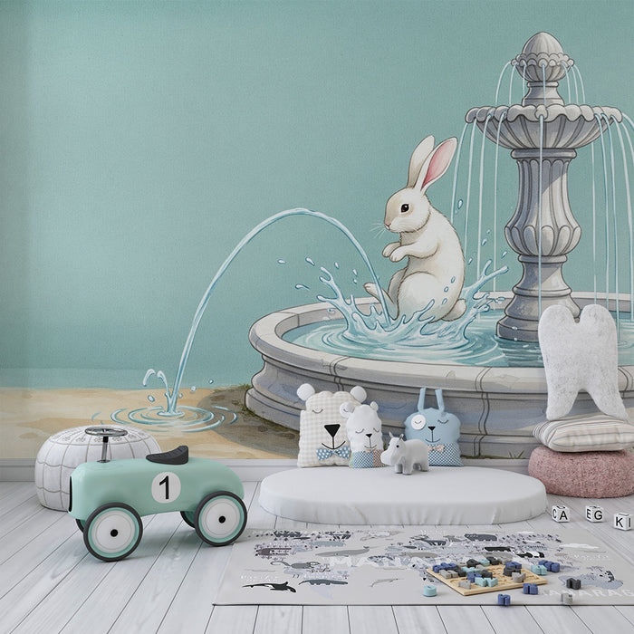 Papier peint chambre bébé | Lapin joyeux à la fontaine