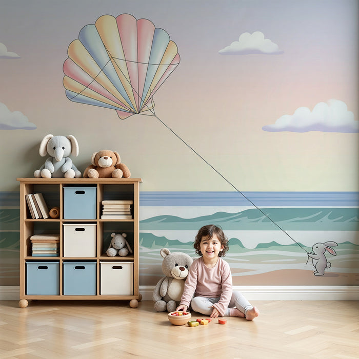 Papier peint chambre bébé | Lapin joyeux avec parachute sur la plage