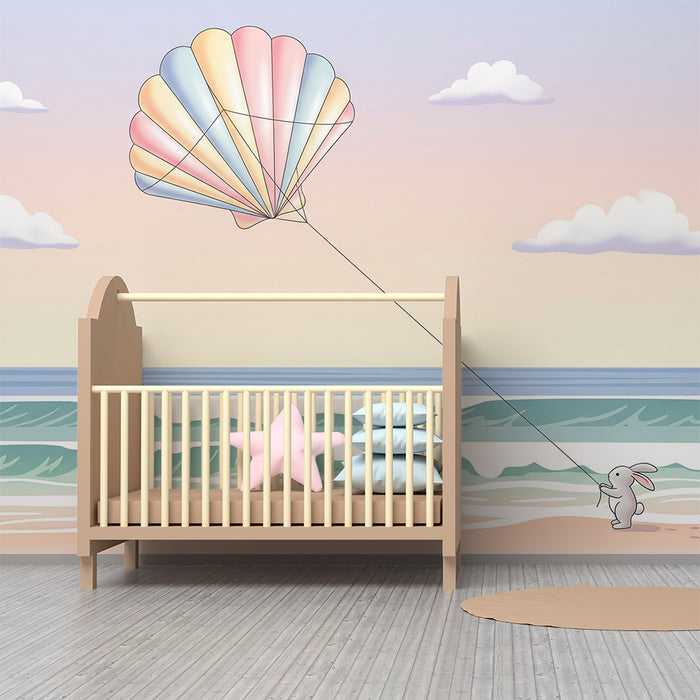 Papier peint chambre bébé | Lapin joyeux avec parachute sur la plage