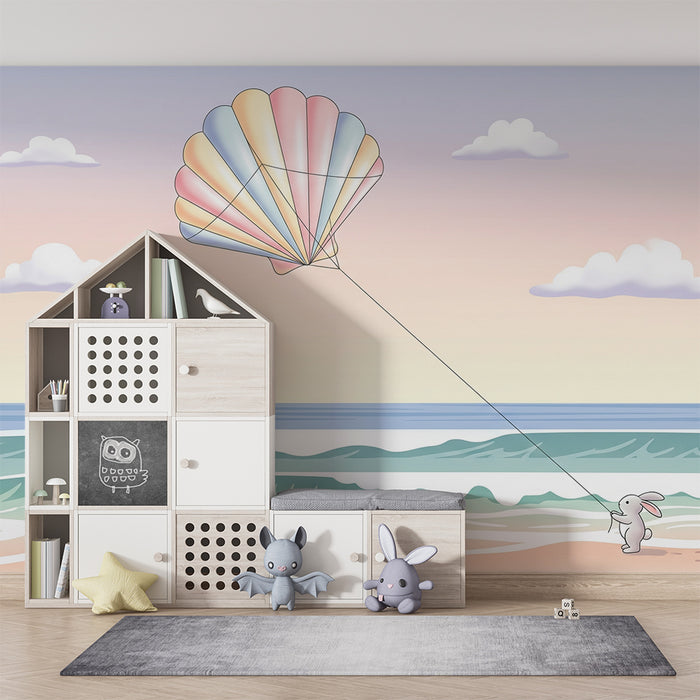 Papier peint chambre bébé | Lapin joyeux avec parachute sur la plage