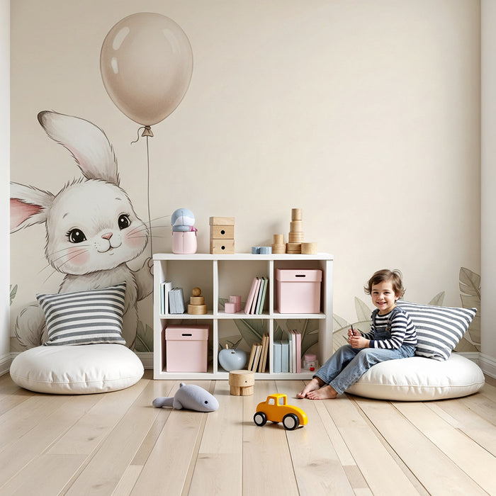 Papier peint chambre bébé | Lapin joyeux avec un ballon