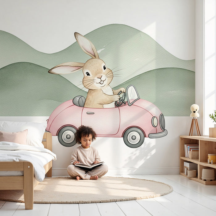 Papier peint chambre bébé | Lapin joyeux en voiture rose