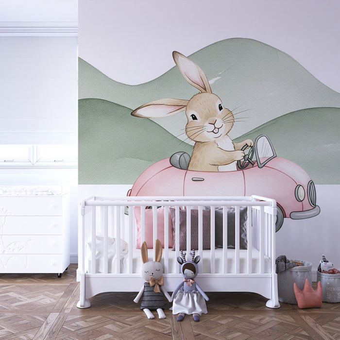 Papier peint chambre bébé | Lapin joyeux en voiture rose