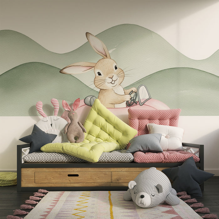 Papier peint chambre bébé | Lapin joyeux en voiture rose