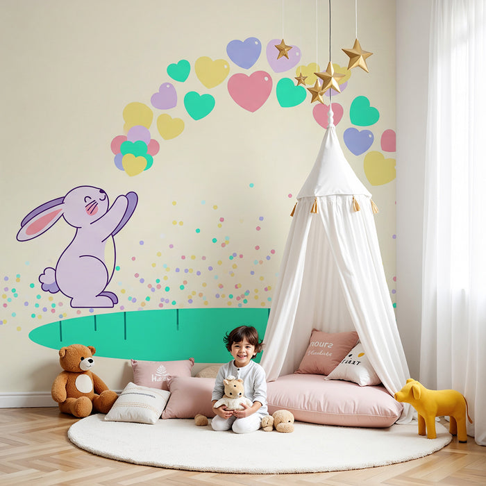 Lastenhuoneen tapetti | Iloinen pupu ja värikkäitä sydämiä sisältävä sateenkaari