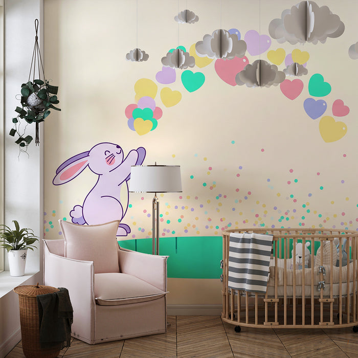Lastenhuoneen tapetti | Iloinen pupu ja värikkäitä sydämiä sisältävä sateenkaari