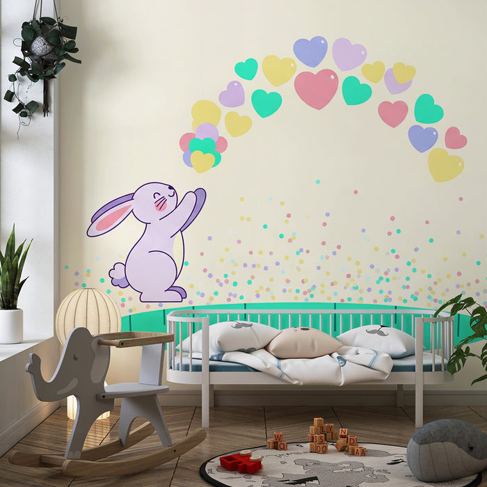 Lastenhuoneen tapetti | Iloinen pupu ja värikkäitä sydämiä sisältävä sateenkaari