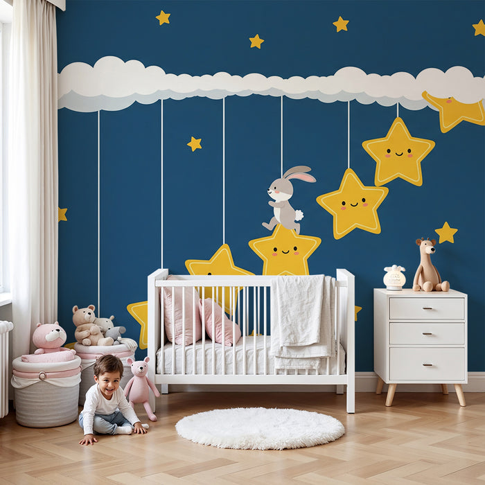 Behang kinderkamer | Vrolijke konijn en lachende sterren in een sterrenhemel
