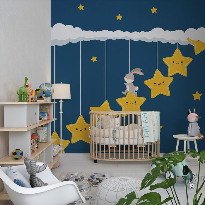 Behang kinderkamer | Vrolijke konijn en lachende sterren in een sterrenhemel