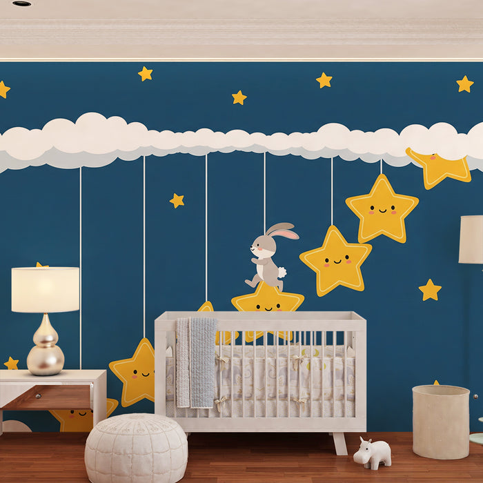 Behang kinderkamer | Vrolijke konijn en lachende sterren in een sterrenhemel