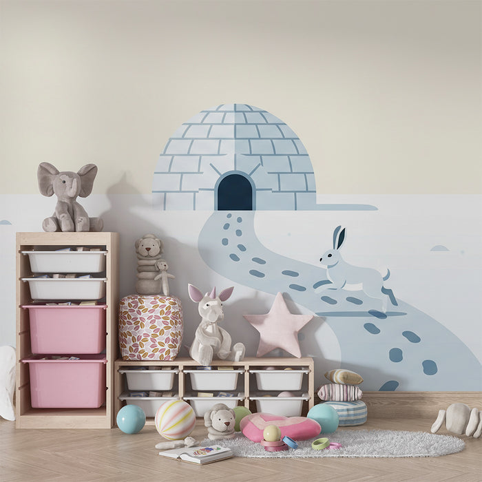 Baba szobai tapéta | Vidám nyúl és iglu a havas tájon