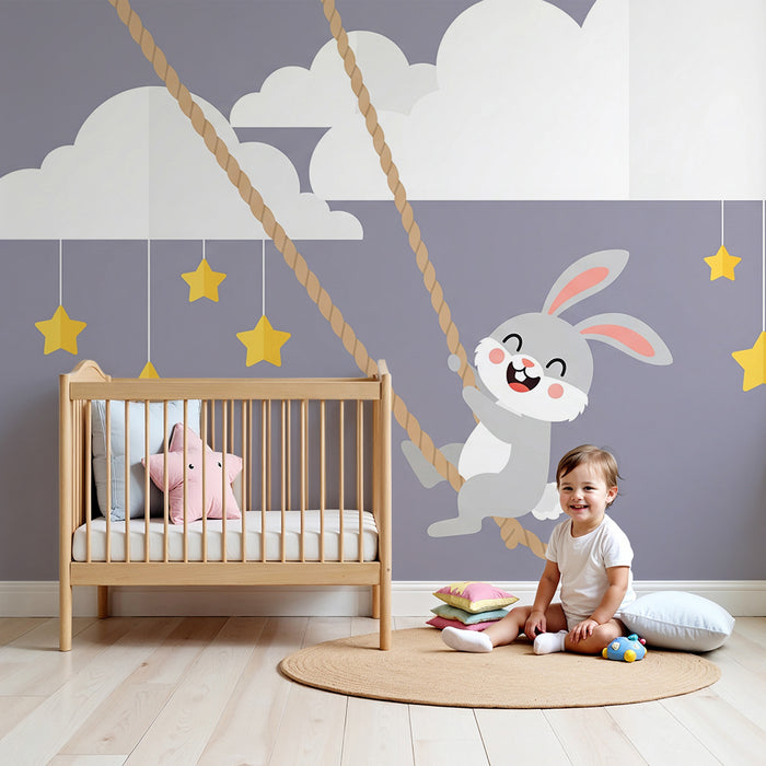 Papier peint chambre bébé | Lapin joyeux grimpant avec nuages et étoiles