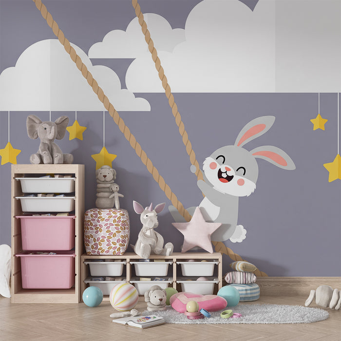 Papier peint chambre bébé | Lapin joyeux grimpant avec nuages et étoiles