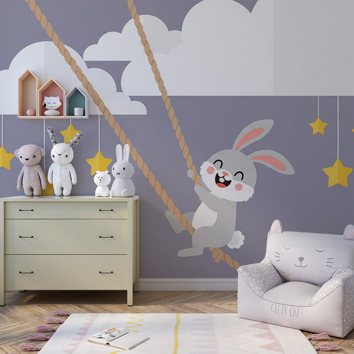 Papier peint chambre bébé | Lapin joyeux grimpant avec nuages et étoiles