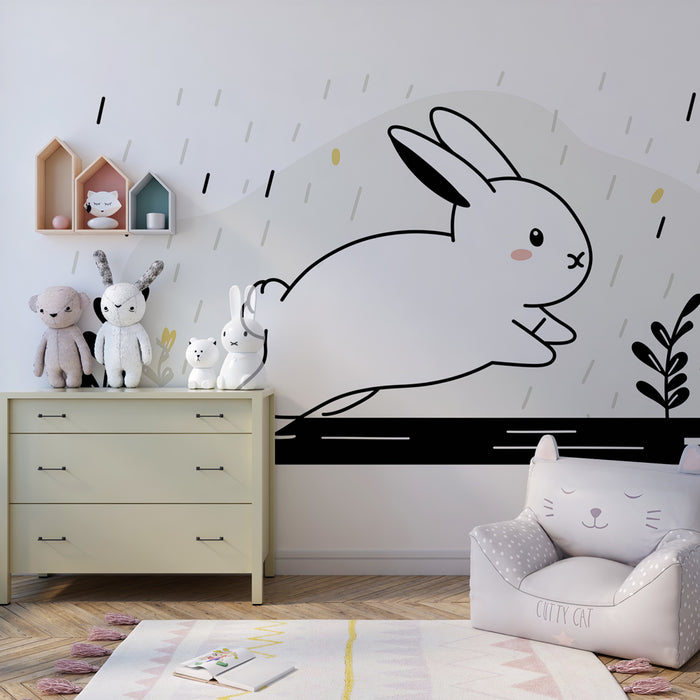 Carta da parati bambini | Coniglio felice sotto la pioggia