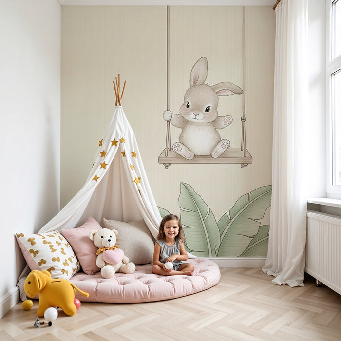 Papier peint chambre bébé | Lapin joyeux sur une balançoire