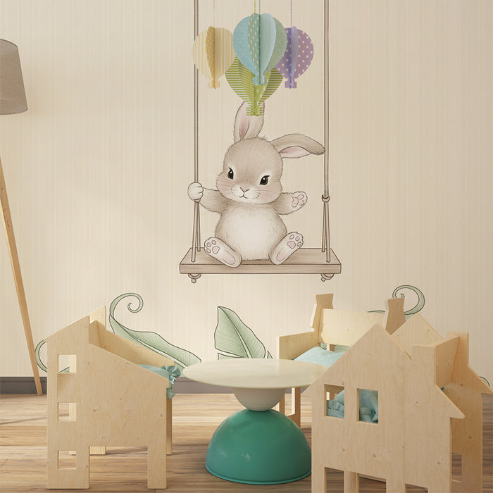 Papier peint chambre bébé | Lapin joyeux sur une balançoire