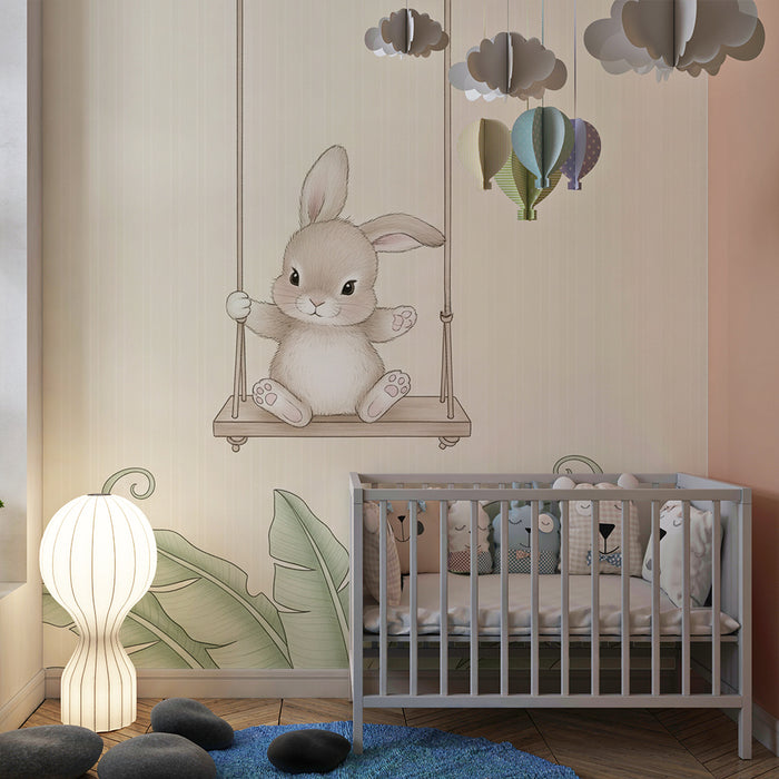 Papier peint chambre bébé | Lapin joyeux sur une balançoire