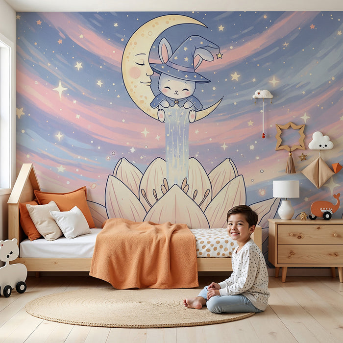 Carta da parati bambini | Coniglio magico su un fiore di loto sotto un cielo stellato