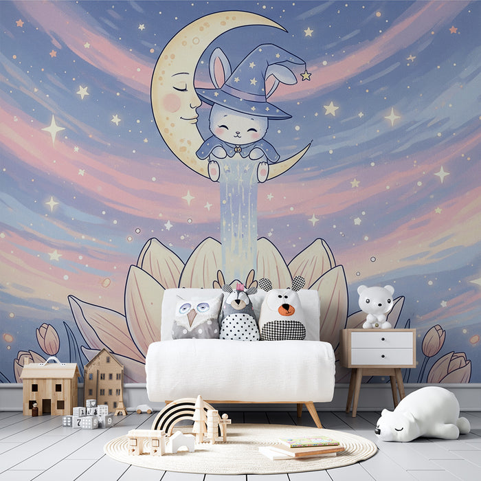 Carta da parati bambini | Coniglio magico su un fiore di loto sotto un cielo stellato