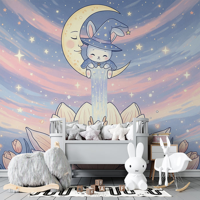 Carta da parati bambini | Coniglio magico su un fiore di loto sotto un cielo stellato