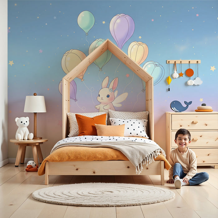 Lastenhuoneen tapetti | Taianomainen pupu ilmapallojen kanssa tähtitaivaalla