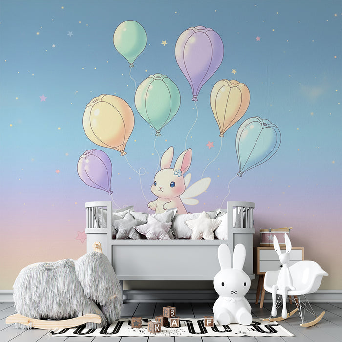 Lastenhuoneen tapetti | Taianomainen pupu ilmapallojen kanssa tähtitaivaalla
