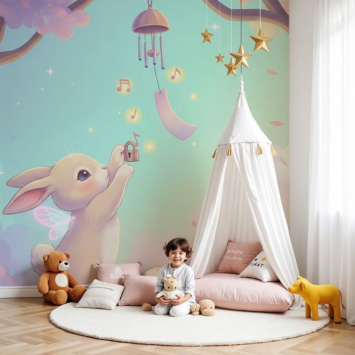 Nursery room wallpaper | Magical rabbit under a pastel sky with musical notes