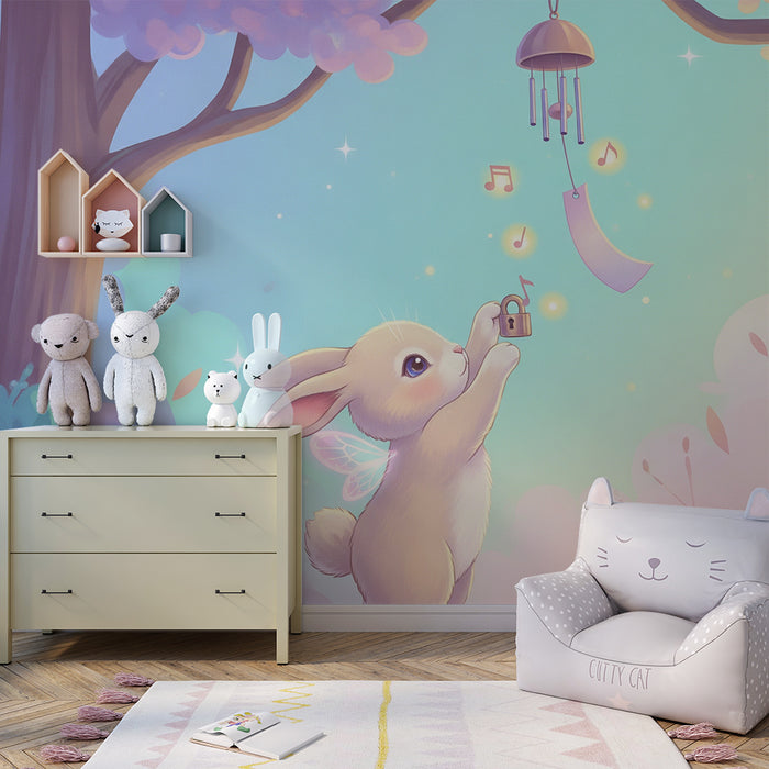 Nursery room wallpaper | Magical rabbit under a pastel sky with musical notes