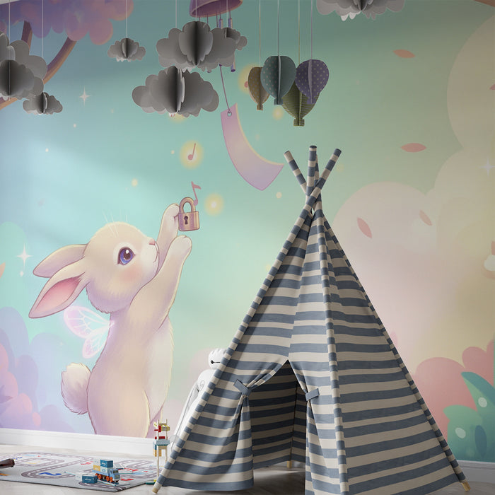 Nursery room wallpaper | Magical rabbit under a pastel sky with musical notes
