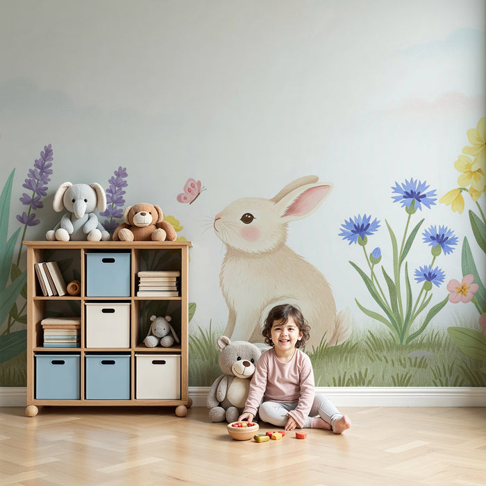Babykamer behang | Schattig konijn te midden van kleurrijke bloemen