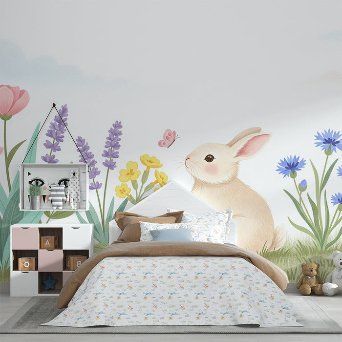 Babykamer behang | Schattig konijn te midden van kleurrijke bloemen