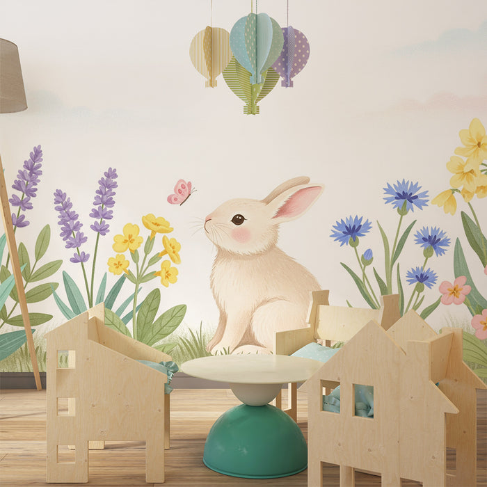 Babykamer behang | Schattig konijn te midden van kleurrijke bloemen