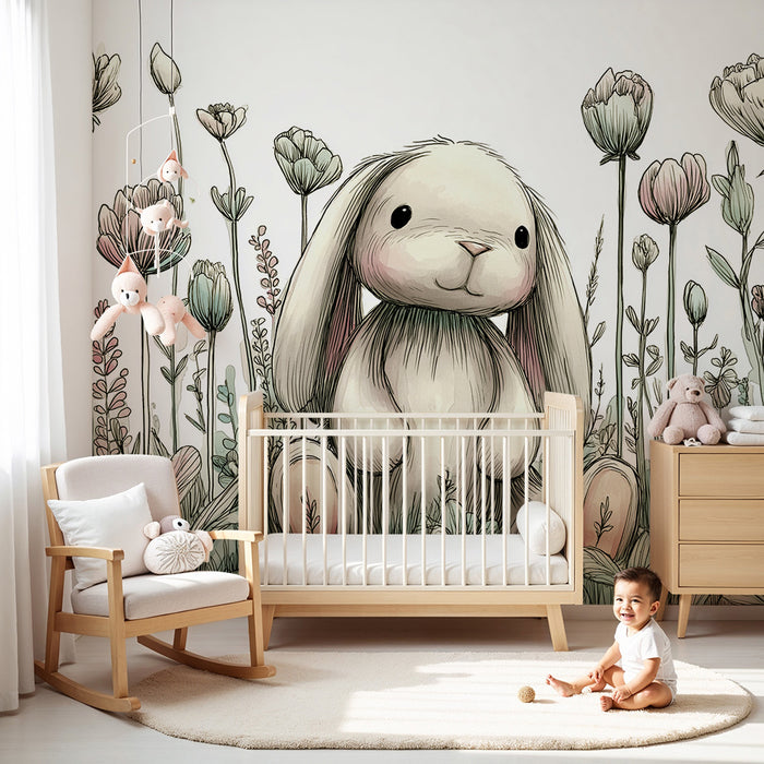 Papier peint chambre bébé | Lapin mignon au milieu des fleurs délicates